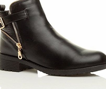 Ajvani WOMENS LADIES CHUNKY LOW HEEL BUCKLE GOLD ZIP CHELSEA BIKER ANKLE BOOT SIZE 7 40