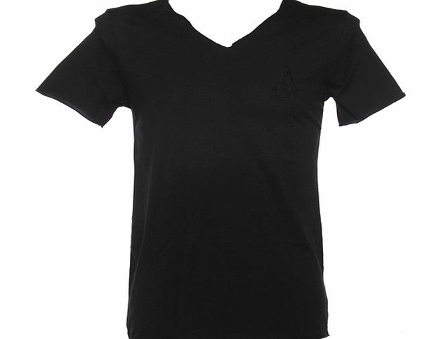 Mens Black Raw Edge V Neck T-Shirt from