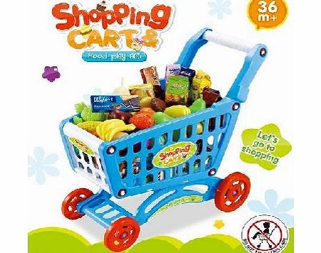 Childrens Shopping Trolley Basket for Toy Shop Kitchen Over 80pcs Play Food Set (Blue)