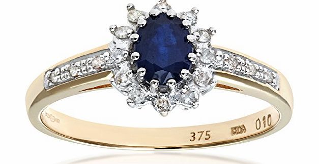 Ariel Womens Sapphire and Diamond Dress Ring, 9 Carat Yellow Gold set with Twelve Diamonds and Diamond set Shoulders