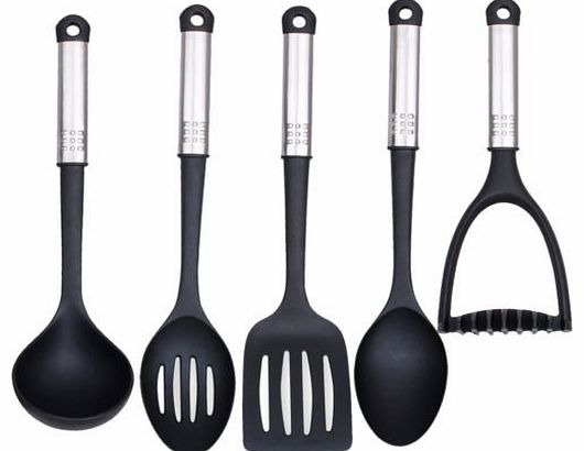 BARGAINS-GALORE 5PC NYLON KITCHEN UTENSIL SET CHROME HANDLES COOKING TOOL CAMPING FOOD GADGETS