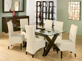 Lyon Walnut Glass Dining Set in Ivory