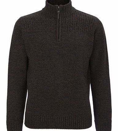 Brown Chunky Twist Zip Neck Jumper, Brown