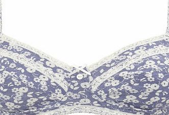 White/Blue Floral Print Nonwired Bra, aqua