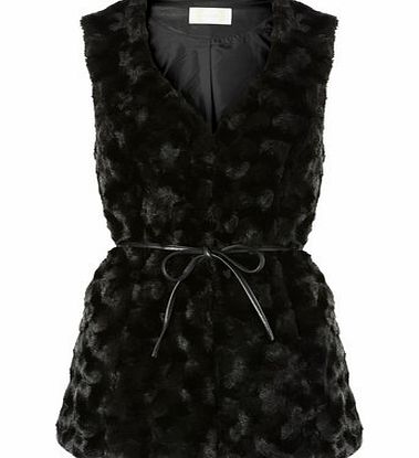 Womens Black Belted Faux Fur Gilet, black