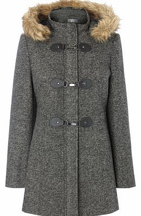 Womens Grey Textured Fur Trim Duffle Coat, grey