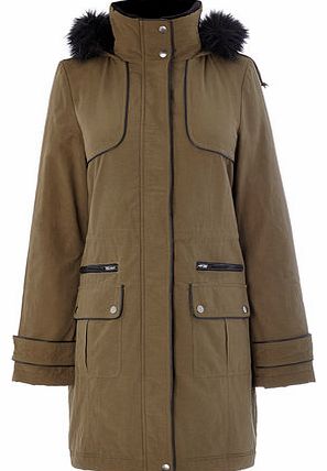 Womens Khaki PU & Faux Fur Trim Parka, khaki