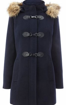 Womens Navy Fur Trim Duffle Coat, navy 8317250249