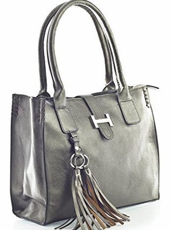 Big Handbag Shop Womens Faux Leather Medium Size Satchel with Make up Pouch Bag (5002 Gunmetal)