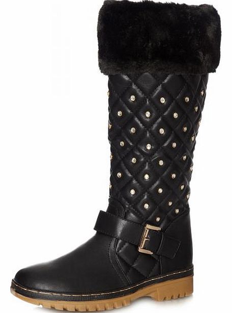 PU Diamante Fur Calf Boots