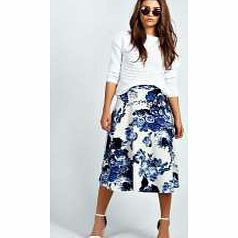 boohoo Floral Print A Line Midi Skirt - blue azz27184