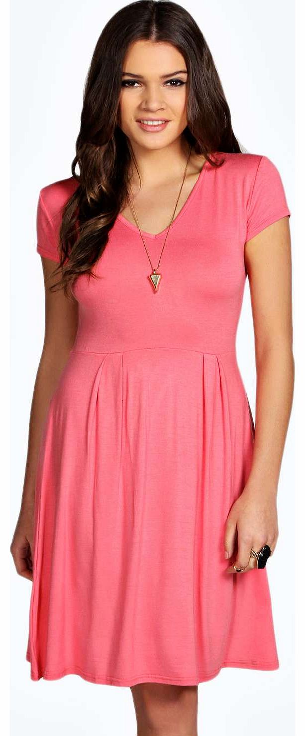 Grace V Neck Skater Dress - coral azz15481