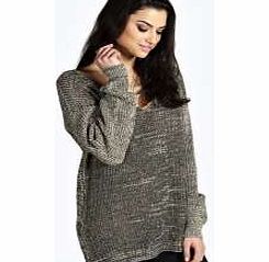 Hannah Oversized V Neck Marl Knit Jumper - stone