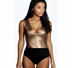 Holly Deep Plunge Metallic Bodysuit - gold