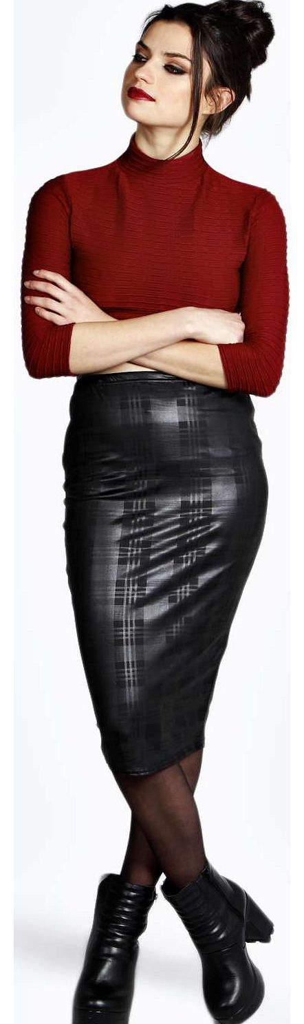 boohoo Madyson Wet Look Checked Midi Skirt - black