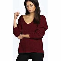 Sasha Oversized V Neck Jumper - wine azz22128