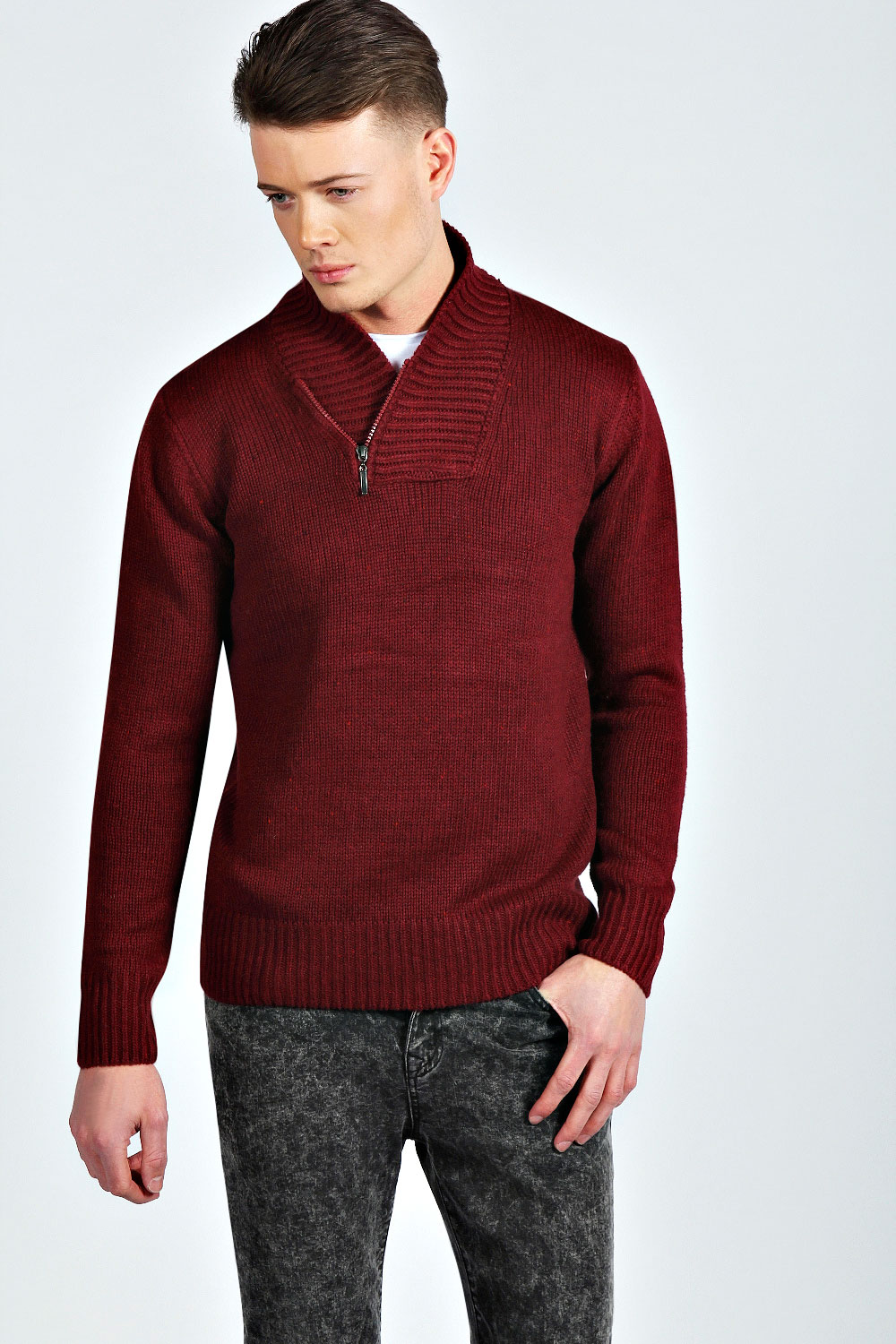 Zip Neck Nep Yarn Jumper - wine mzz96183