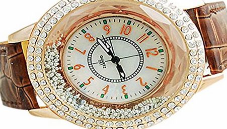 Fashion Womens Leather Strap Shinning Rhinestones Quartz Watch Ladies Dress Watches (White)