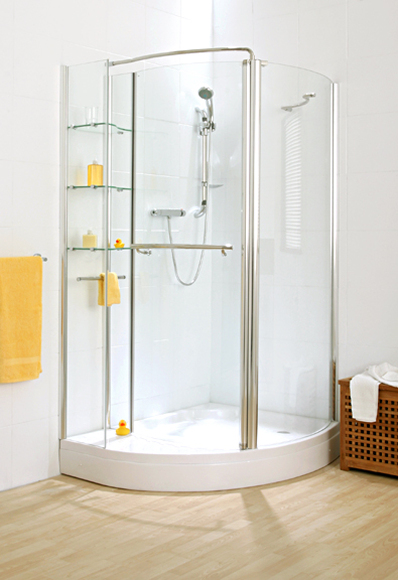 Storage Corner Shower with Shelving Unit