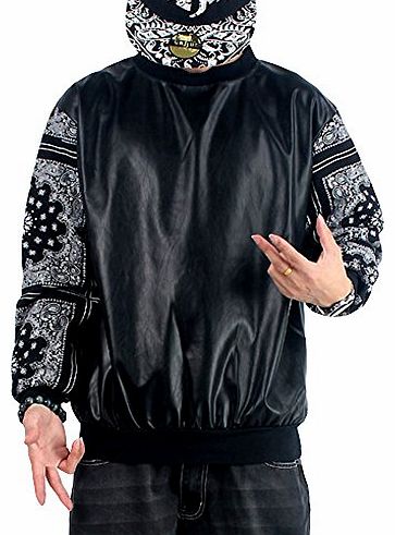 QIBO Mens Pullover Loose Street Dance Printed Splice Hip Hop Hoodie L Black