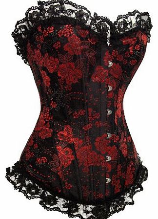 SEXY BLACK & RED BROCADE FRILLY EDGED BURLESQUE CORSET (2xl 14-16)