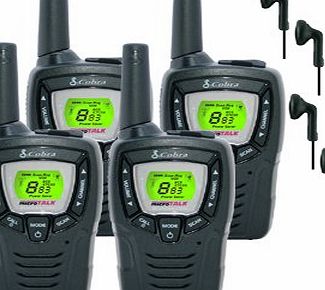 8Km Cobra MT645 Two Way PMR 446 Walkie Talkie Licence Free Radio + 4 x Comtech CM-15PT PTT Handsfree Headsets - Quad pack