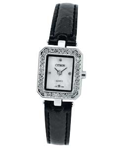 Ladies Black Strap Stone Set Dial Watch