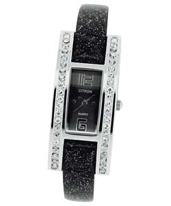 Ladies Black Strap Stone Set Watch