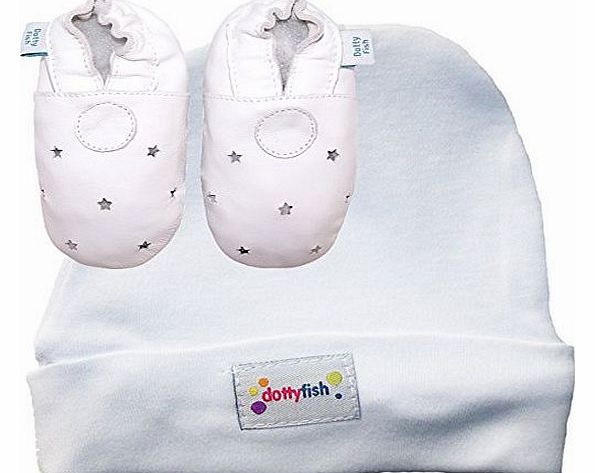 NEW SOFT LEATHER BABY SHOES WHITE STAR & WHITE HAT GIFT SET NEWBORN/0-6MTHS (0-6mths) Boys Girls