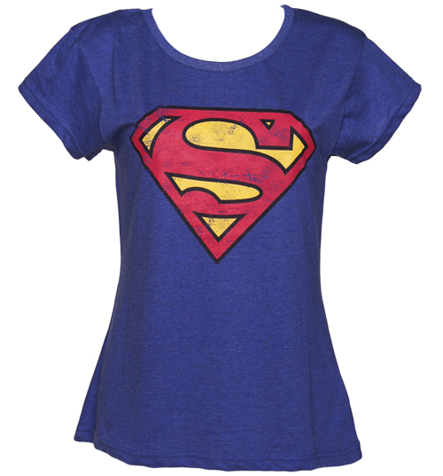 Ladies Blue Wash Scoop Neck Superman Logo