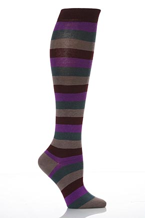 Ladies 1 Pair Falke Block Stripe Cotton Knee High In 5 Colours Slate