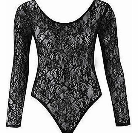 Womens Ladies Plus Size Mesh Insert Lace Leotard Bodysuit Body con Top 8 to 26 (24-26, Black)