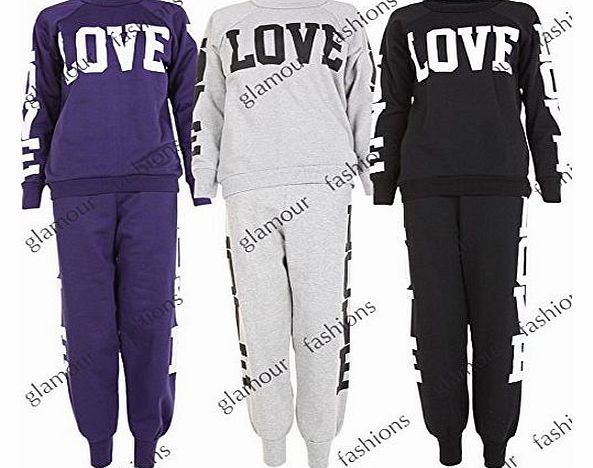 LADIES LOVE PRINT TRACKSUIT JOGGERS TOP GYM SWEATSHIRT BOTTOMS SIZE 8-14 (MED/LRG (12-14), GREY)