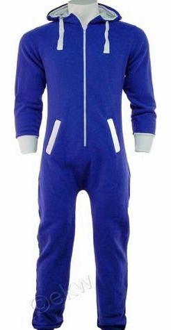 UNISEX MENS WOMENS AZTEC PRINT ONESIE ZIP UP ALL IN ONE HOODED JUMPSUIT S M L XL (LARGE, Royal Blue Plain)