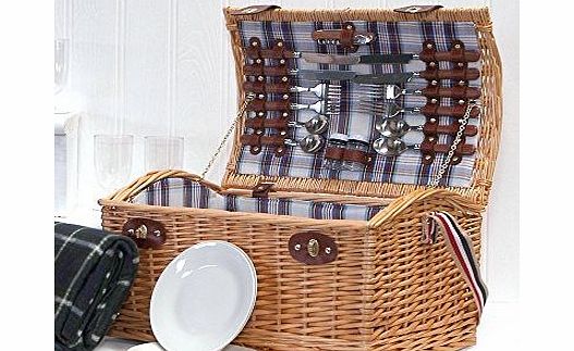 Stretford 4 Person Wicker Picnic Hamper Basket with Chiller Bag, Purple Tartan Waterproof Fleece Picnic Blanket, Shoulder Strap & Accessories