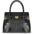 Fontanelli Black Shiny Croco-style Leather Large Satchel Bag