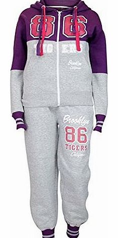 Ladies Full Tracksuit Sweatshirt Zipper Top Jogging Bottom Set Grey/Purple S