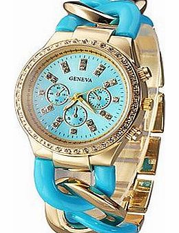 XMAS Bargain Gift New Geneva Brand Rhinestones Gold Stainless Steel Women Ladies Bracelet Dress Wristwatch - Blue