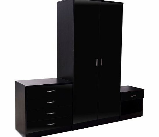 Homcom High Gloss 3 Piece Trio Bedroom Furniture Set Wardrobe   Chest   Bedside Black 