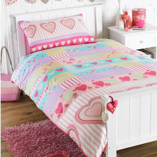 HEARTS & PINK CANDY STRIPE GIRLS BEDDING - SINGLE DUVET COVER SET