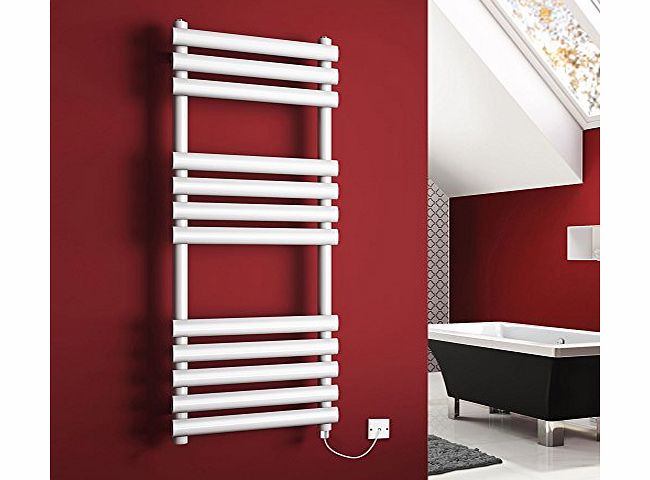 iBath 1200 x 450 Thermostatic Electric Heated Towel Rail White Oval Bathroom Radiator