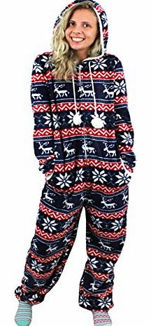 ILOVEFANCYDRESS CHRISTMAS ONESIE LOUNGE WEAR XMAS COMFORT HOODED SLEEPSUIT COSY PLAYSUIT FESTIVE FLEECE PYJAMA MENS LADIES (BLUE)