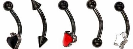 Stainless Steel Ball, Arrow Head, Red Enamel Heart, Black Enamel Heart, White Enamel Star Eyebrow Bar Set