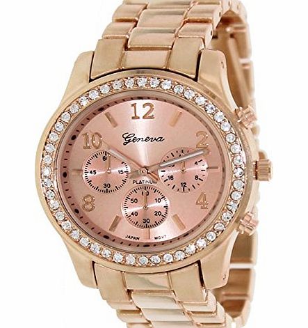 Geneva Platinum Womens Rose Gold Plated Stainless Steel Quartz Watch with Classic Round Cubic Zirconia CZ Dial Ladies Boyfriend Watch