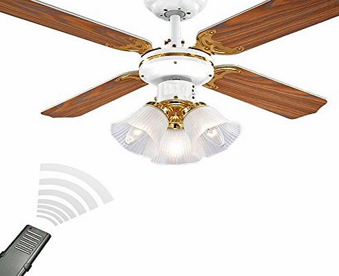 White & Brass 36`` Modern Ceiling Fan with 3 Lights & Oak/White Reversible Blades