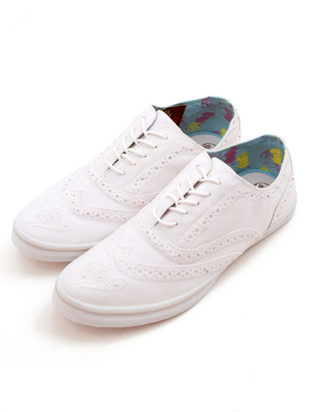 White Brogue Round Toe Canvas Shoe