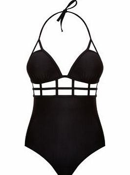 Black Lattice Panel Halter Neck Swimsuit 3340286