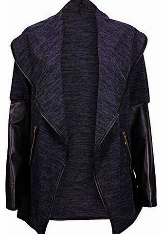 Womens Long Sleeve PU Wet Look Ladies Stretch Zip Front Open Cardigan Top Coat Jacket Navy Blue 8-10