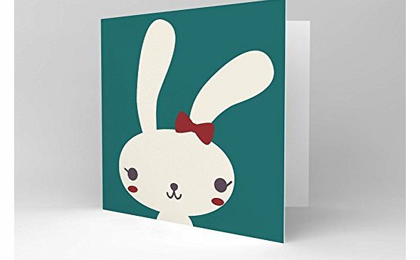 GIRL BUNNY TEAL CUTE HAPPY BOW EASTER BLANK GREETINGS BIRTHDAY CARD ART CS065