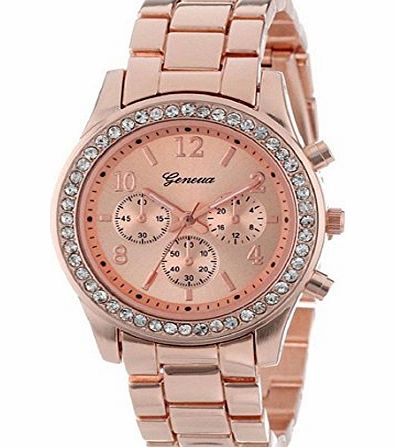 Sannysis Faux Chronograph Quartz Classic Round Women Crystals Watch (Rose Gold)